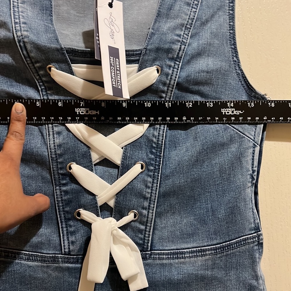 New Lola Jeans 4Way stretch Denim Dress elegant white bow wear w/white Addidas - Picture 10 of 11